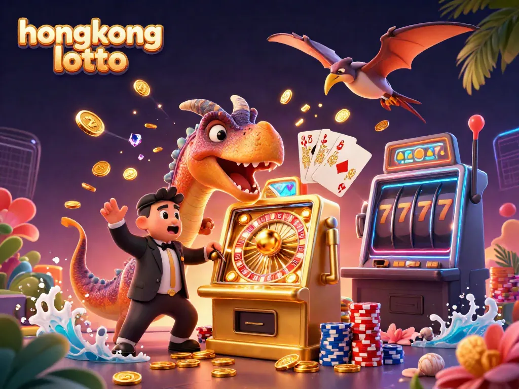 Melihat hasil hongkong lotto dengan dinosaurus kartun yang berinteraksi dengan mesin slot emas.