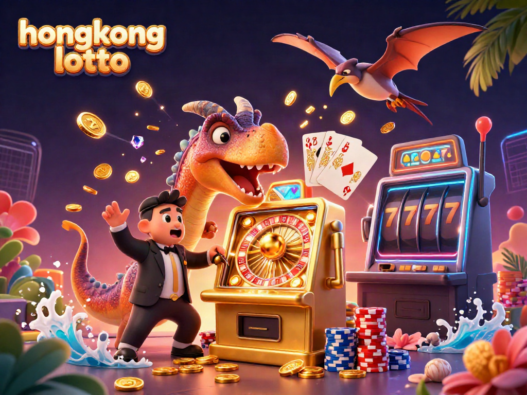 Melihat hasil hongkong lotto dengan dinosaurus kartun yang berinteraksi dengan mesin slot emas.