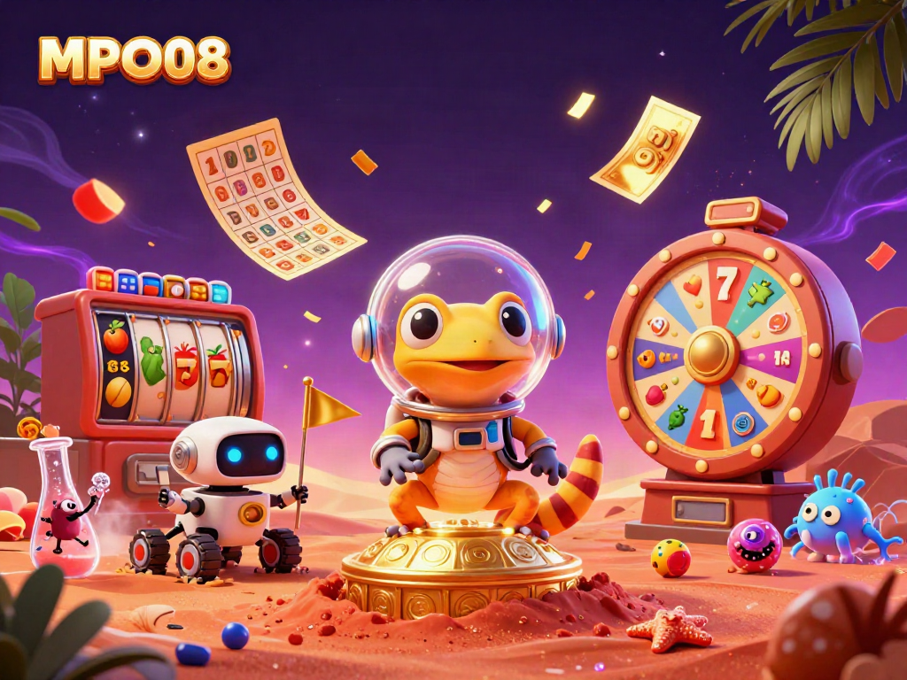 Experience winning strategies at MPO08: Martian gecko discovers a golden casino surrounded by excitement.