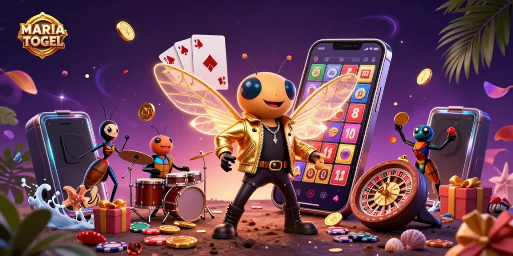 MARIATOGEL lottery action scene with a cicada rock star, beetle drummer, and various gambling elements.