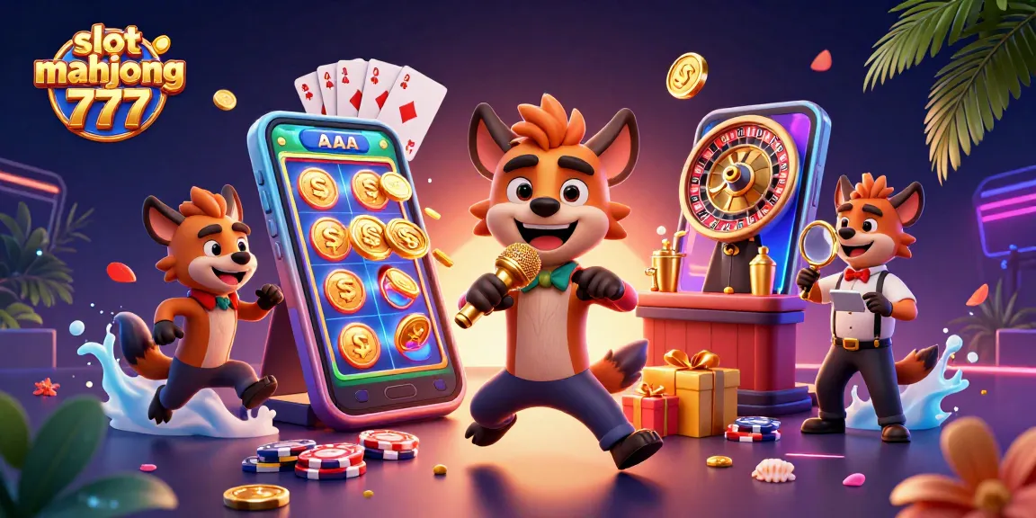 Engage with slot mahjong 777 in this vibrant 3D illustration showcasing lively casino elements.