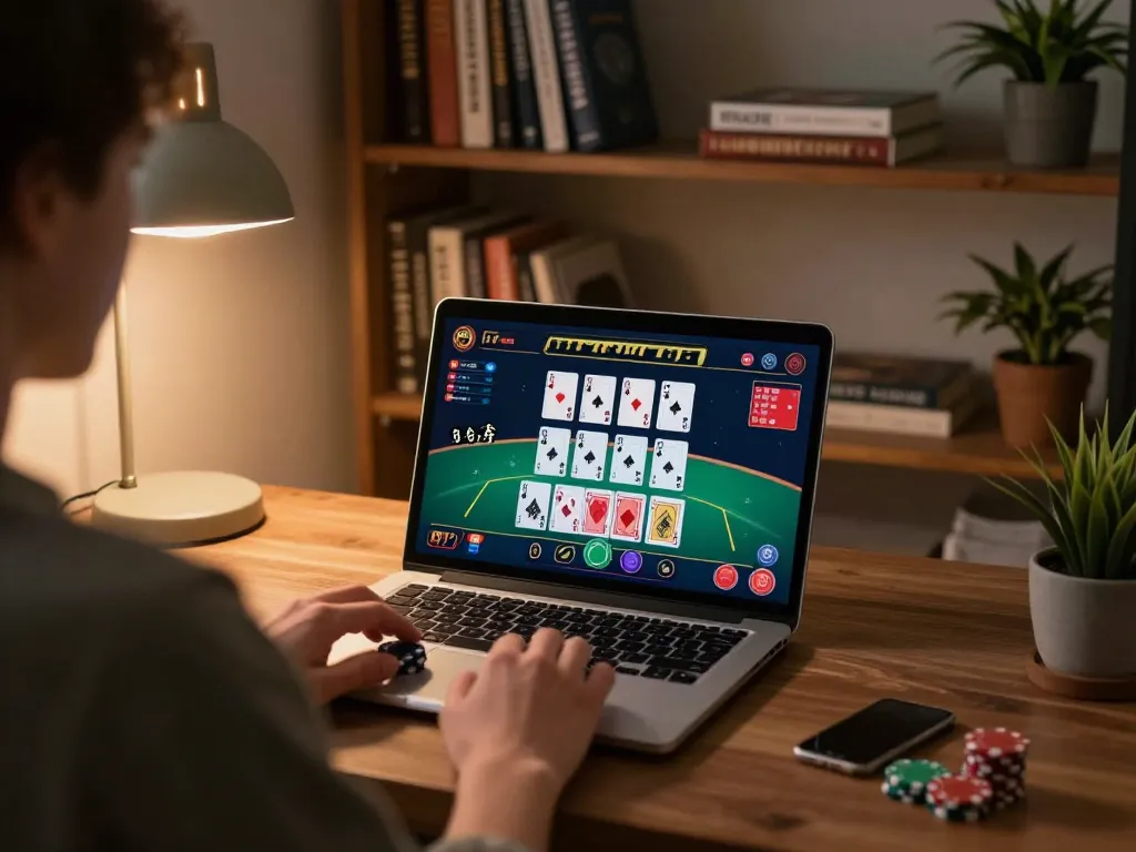 Pemain berinteraksi dengan permainan blackjack di alexis500 dalam pengaturan kantor rumah yang nyaman, menekankan pengalaman permainan strategis