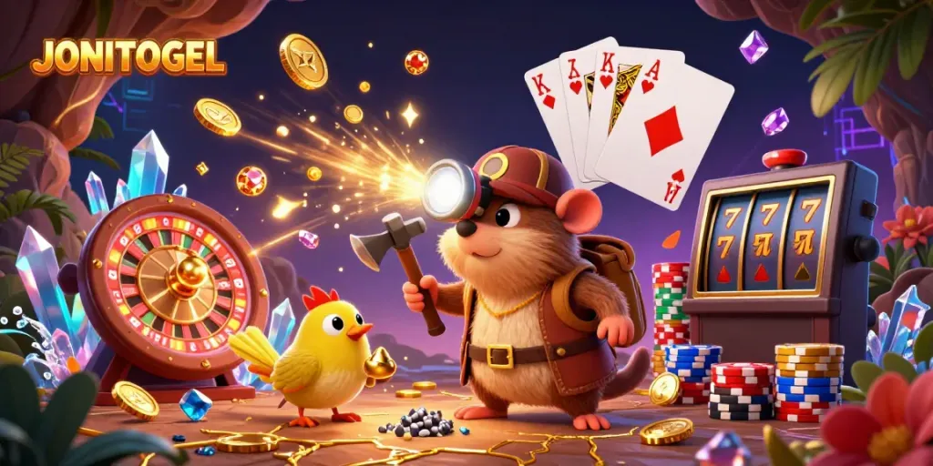 Join JONITOGEL's thrilling casino adventure with a mining mole uncovering treasures amidst cascading gold coins and high-stakes gameplay.