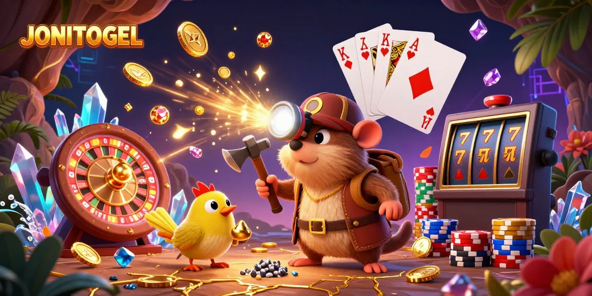 Join JONITOGEL's thrilling casino adventure with a mining mole uncovering treasures amidst cascading gold coins and high-stakes gameplay.