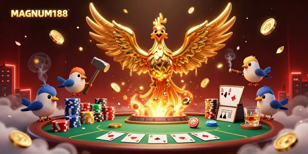 Experience MAGNUM188's thrilling gaming scene with a molten golden phoenix and vibrant poker action.