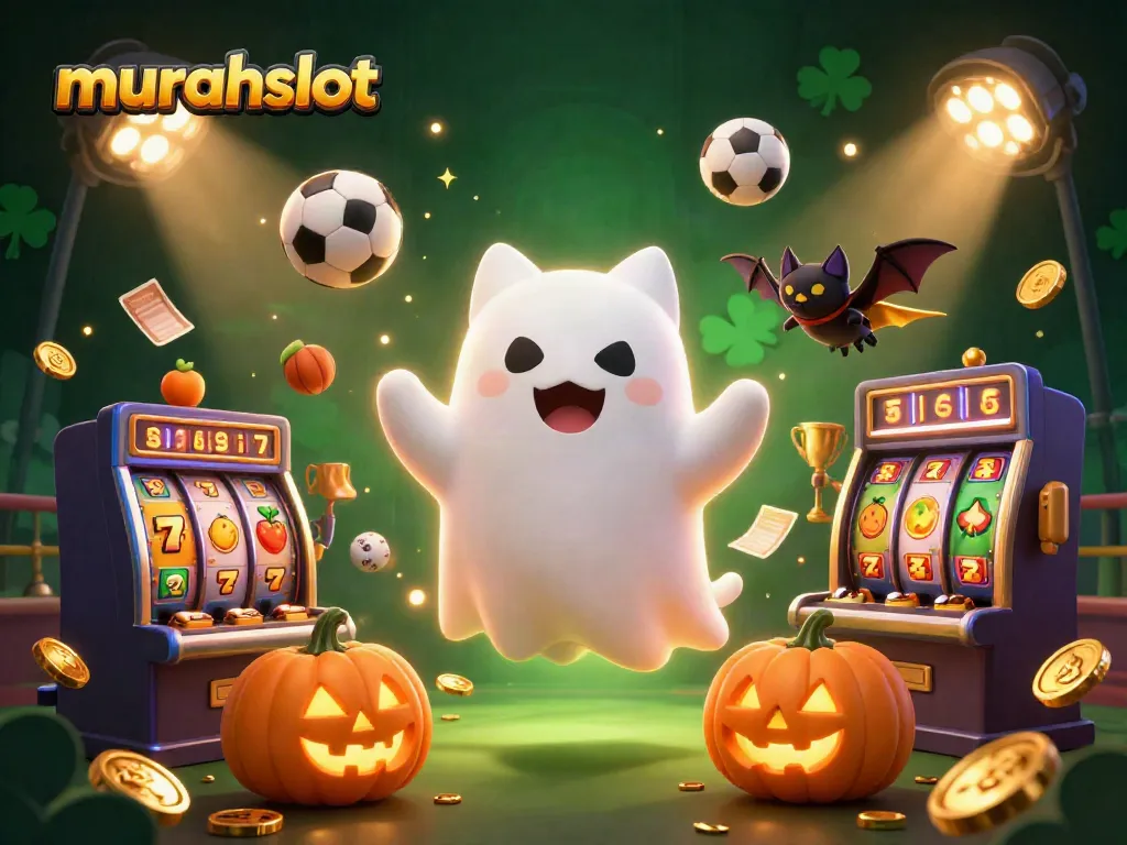 Engage with murahslot, a vibrant 3D ghost cat and bat in a haunted casino scene with dynamic gold coins and slot elements.