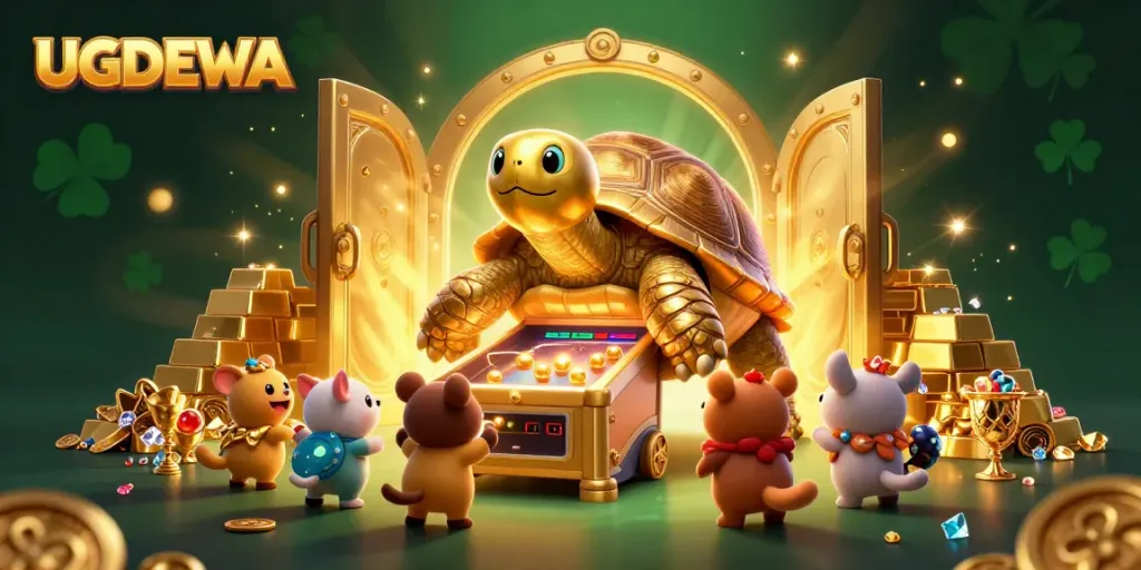 Experience exciting gameplay on UGDEWA with a vibrant scene of a colossal golden tortoise and treasure elements.