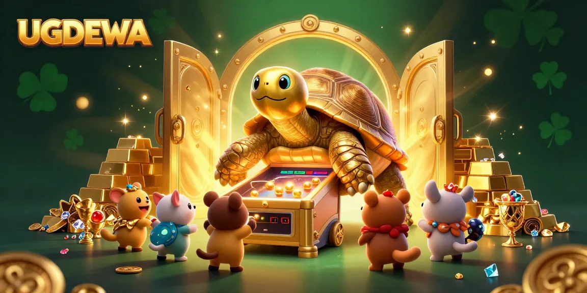 Experience exciting gameplay on UGDEWA with a vibrant scene of a colossal golden tortoise and treasure elements.