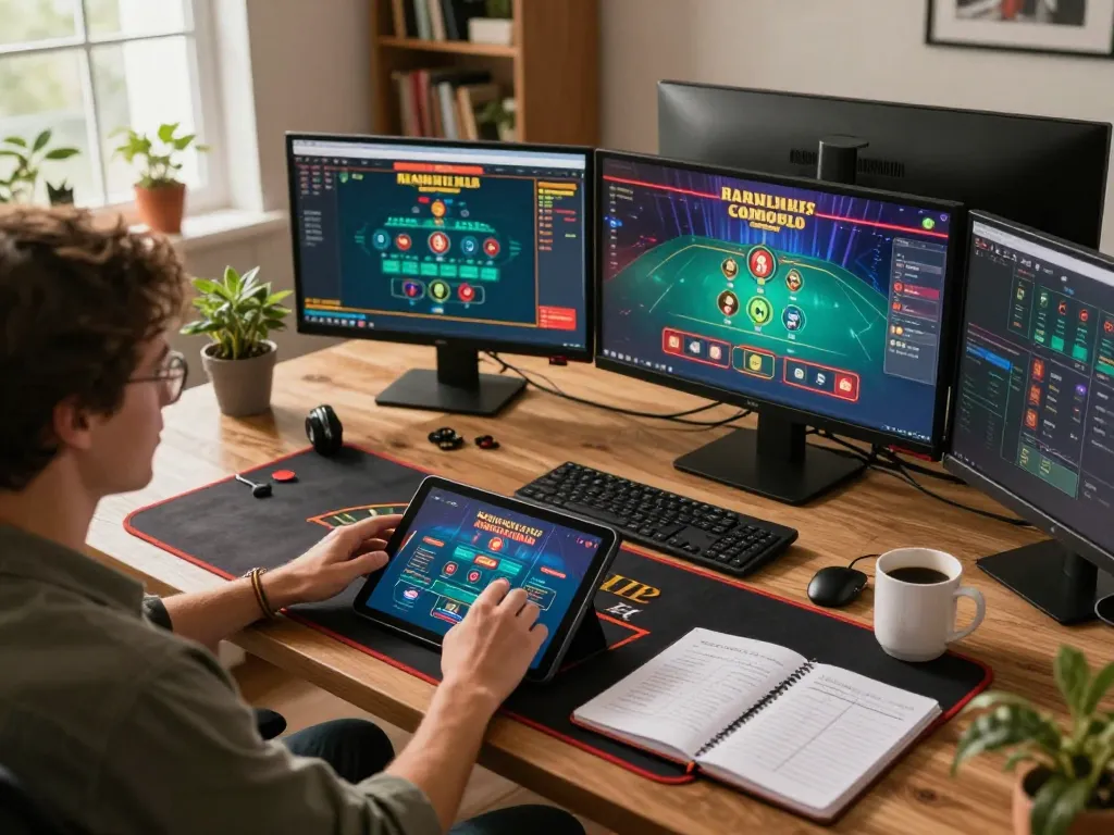 SC88 user engaging in live dealer blackjack at a stylish home gaming setup, showcasing responsible gambling.