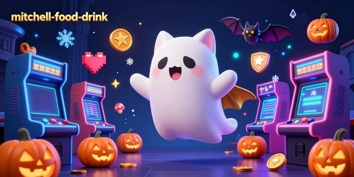 Engaging 3D casino scene featuring a ghost cat and bat companion in a haunted mansion, highlighting mitchell-food-drink.