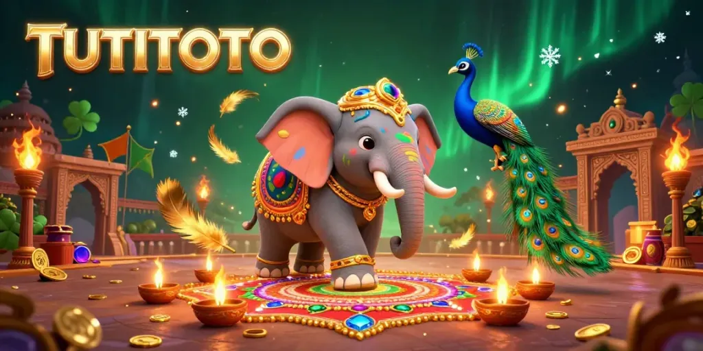Immerse in the vibrant world of TUTITOTO, featuring a majestic Diwali-themed elephant amidst a dynamic gambling scene.