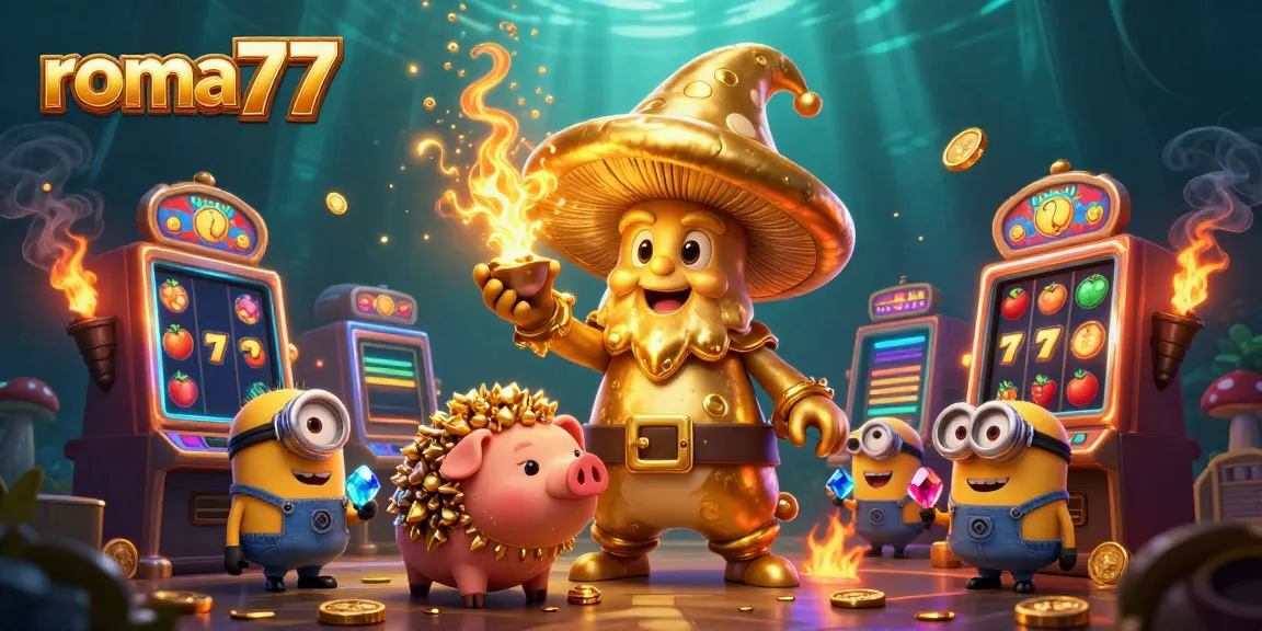 Raih jackpot di roma77 dengan ilustrasi slot yang penuh warna dan karakter ajaib.