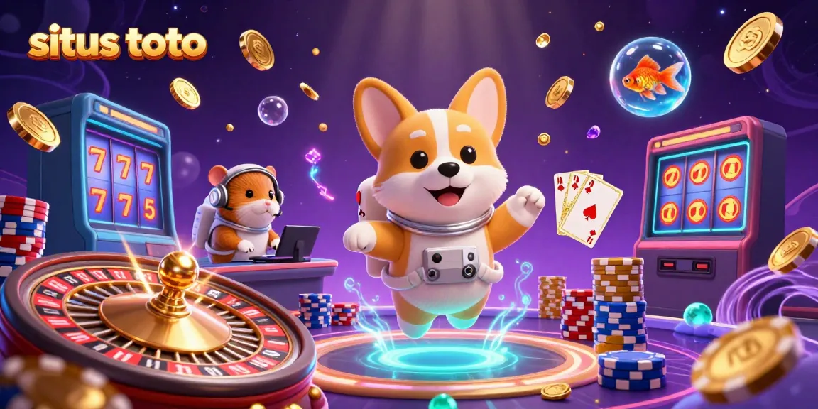 Immerse in the excitement of situs toto with a vibrant space casino featuring a floating astronaut corgi and dynamic gaming elements.
