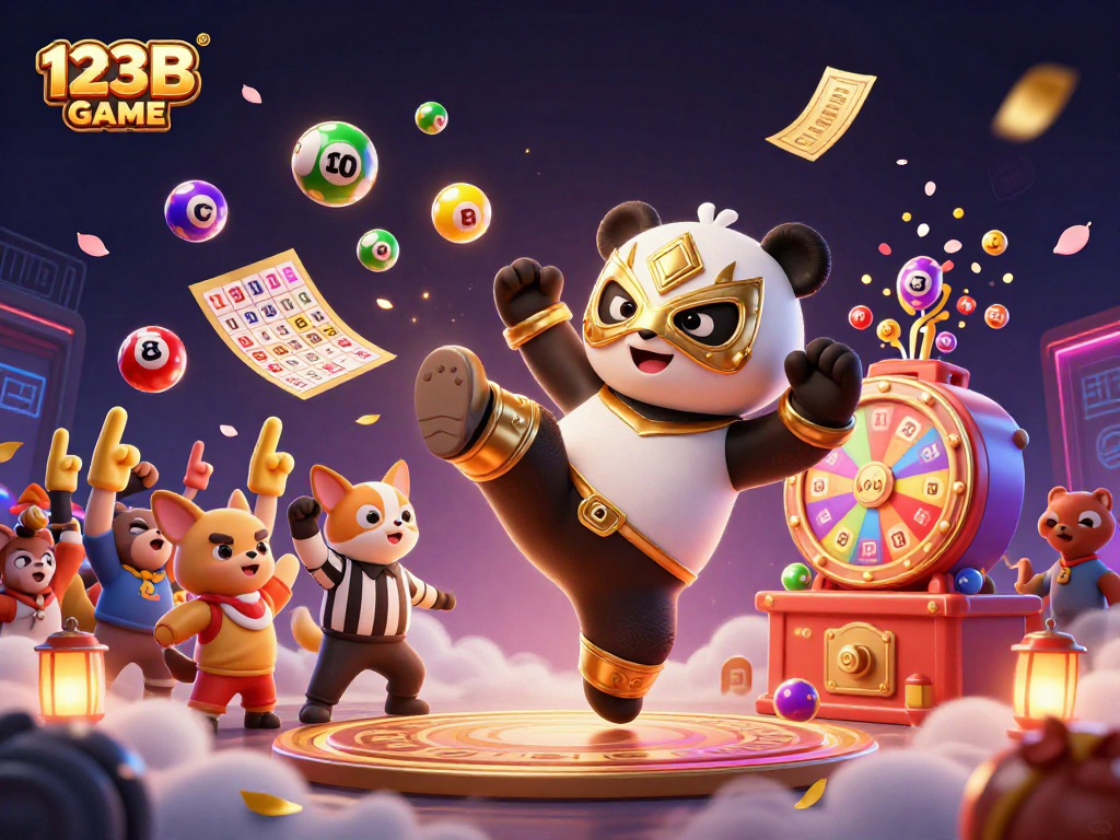Watch the excitement of the 123B GAME with a panda in action, lottery elements, and vibrant atmosphere.