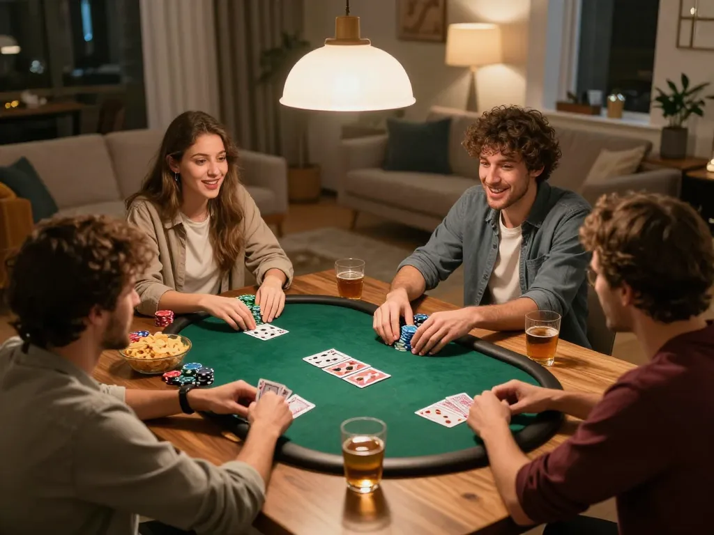 Pemain yang terlibat di malam poker di rumah menikmati permainan kenzototo dengan chip dan kartu.