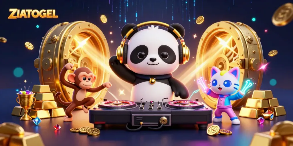 Experience the excitement of ZIATOGEL with a lively 3D scene of a DJ panda, breakdancing monkey, and rave gear kitten.