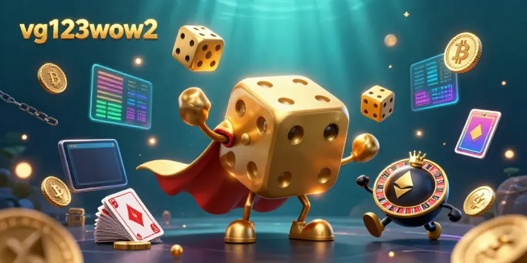 Permainan menggigit di vg123wow2 melibatkan dadu emas raksasa dan koin crypto bersinar.