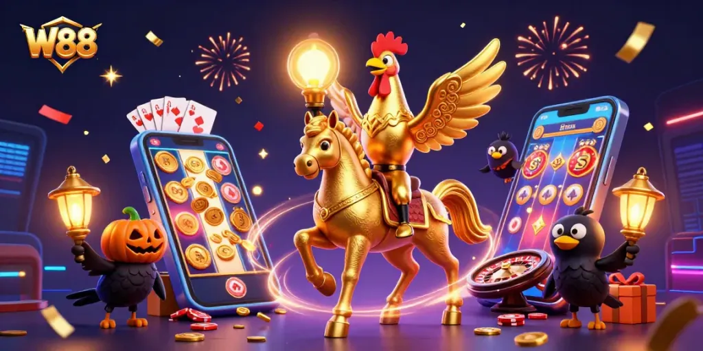 Experience thrilling games at W88 casino with exciting characters in a vibrant 3D illustration.