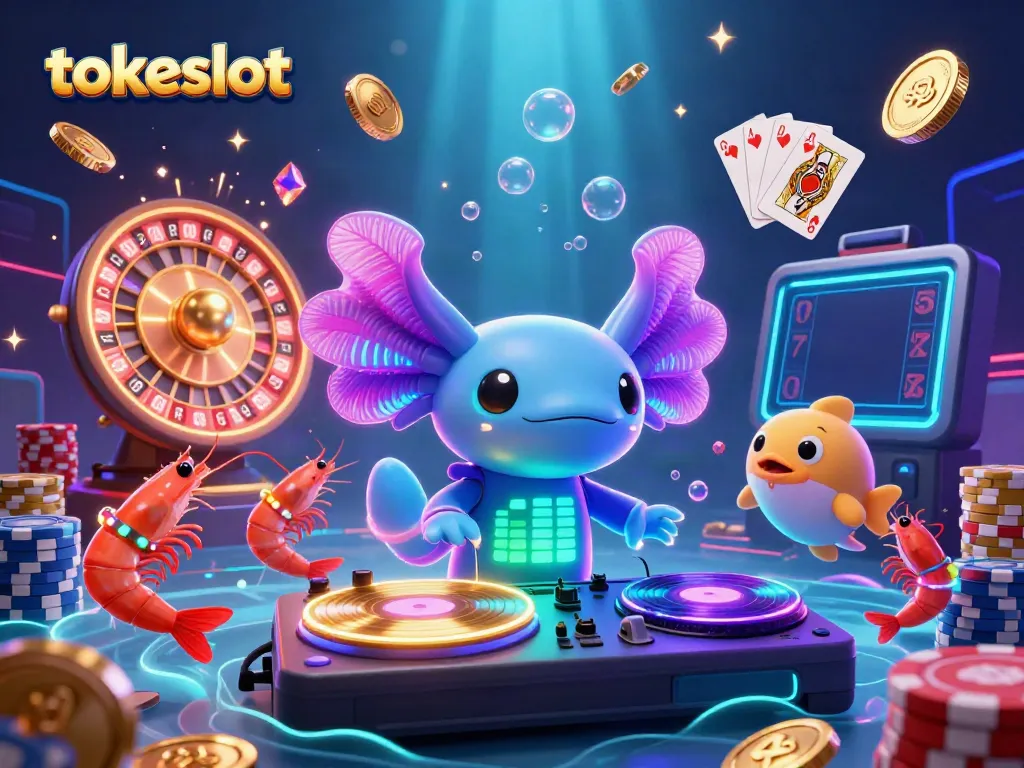 Experience tokeslot gaming with a vibrant underwater DJ scene featuring neon axolotl, lively shrimp, and shimmering coins.