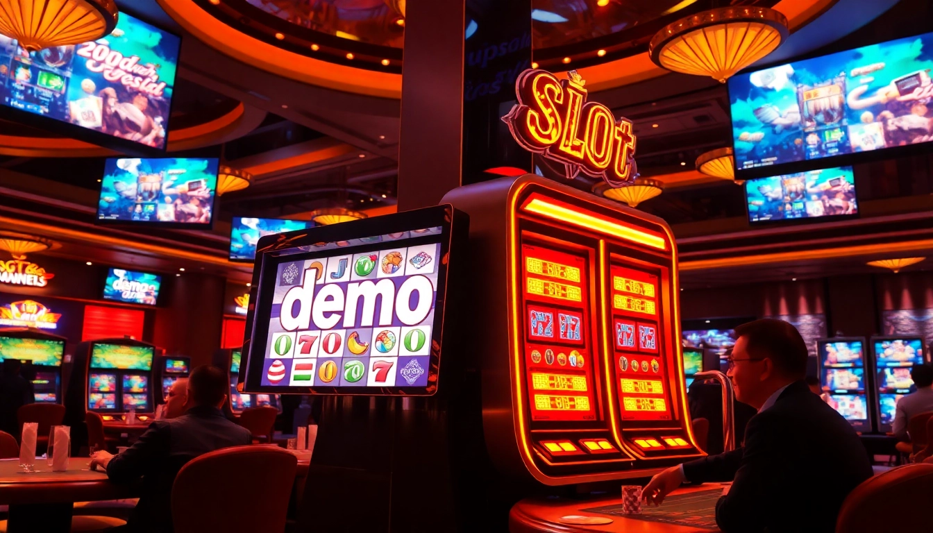 Experience the thrill of demo slot gaming in a luxurious casino setting, showcasing vibrant slot machines.