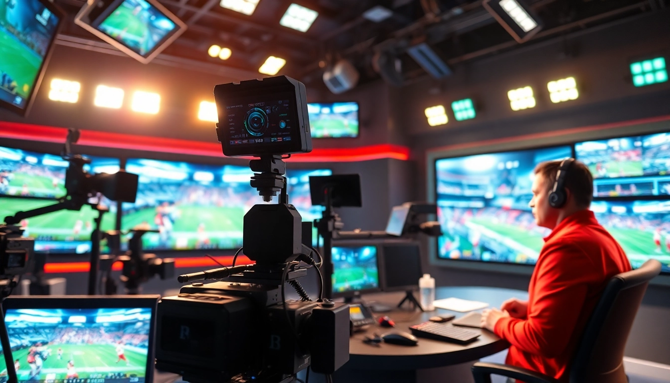 Engaging sports broadcasting scene with a host, monitors, and vibrant displays in action.