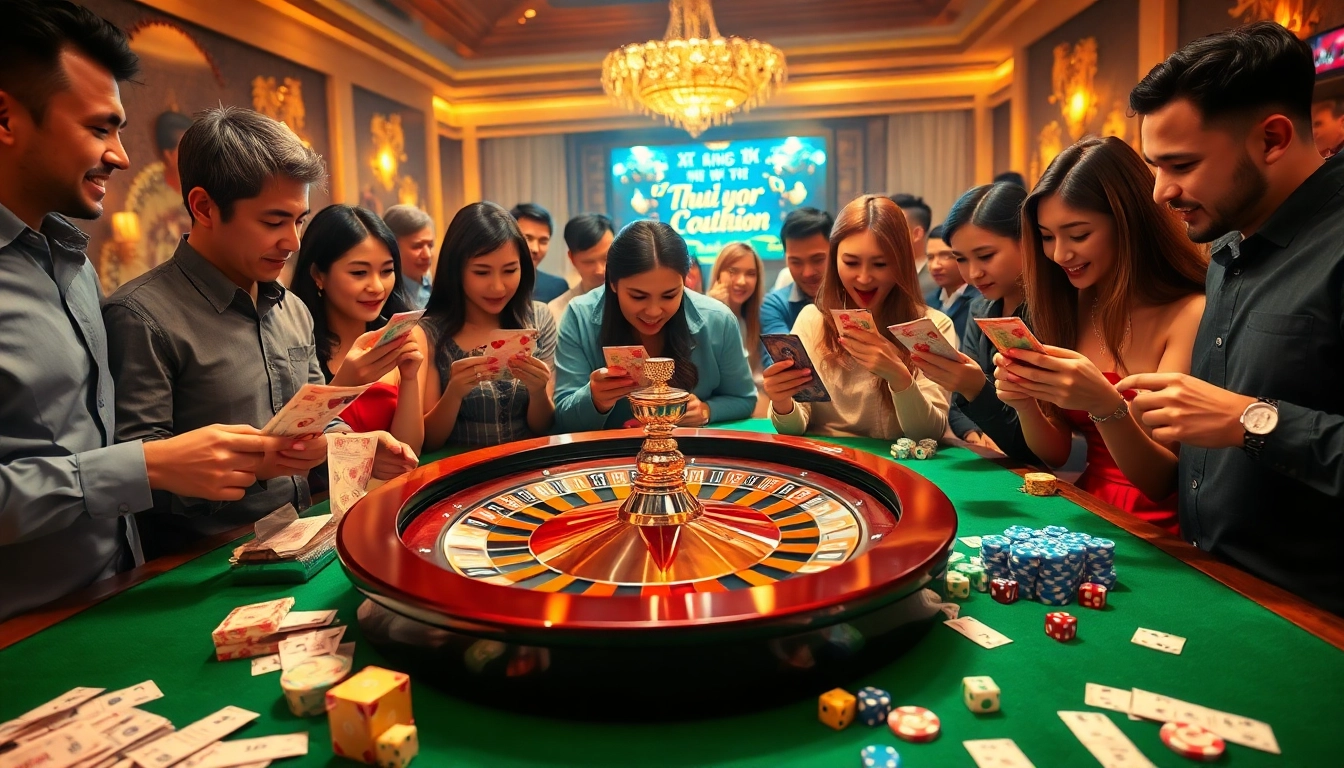 Xổ số 3 miền hôm nay ticket checking at a vibrant lottery casino scene.