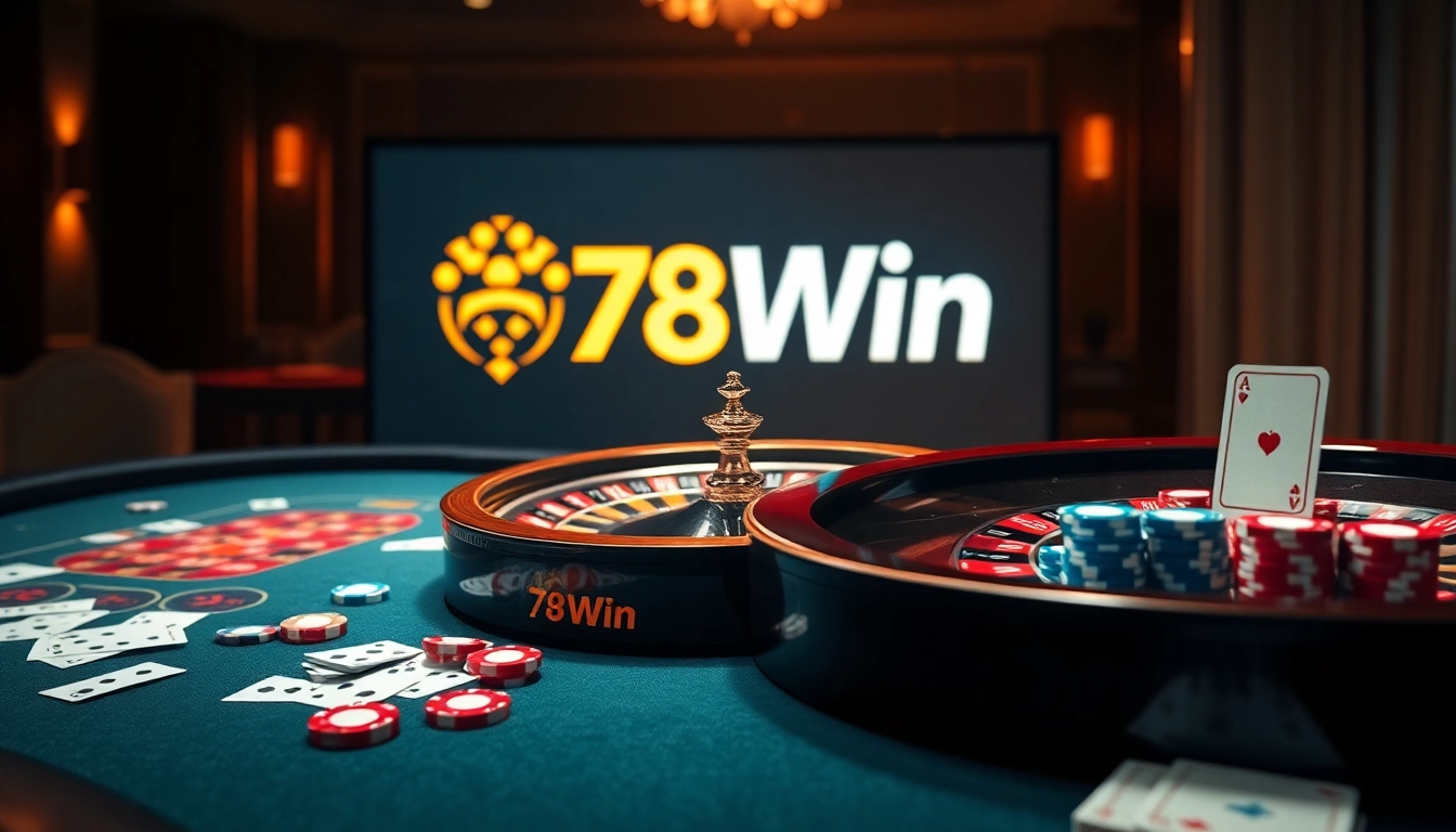 Experience the thrill of gambling at 78Win with a dynamic casino layout featuring roulette, poker, and vibrant chips.