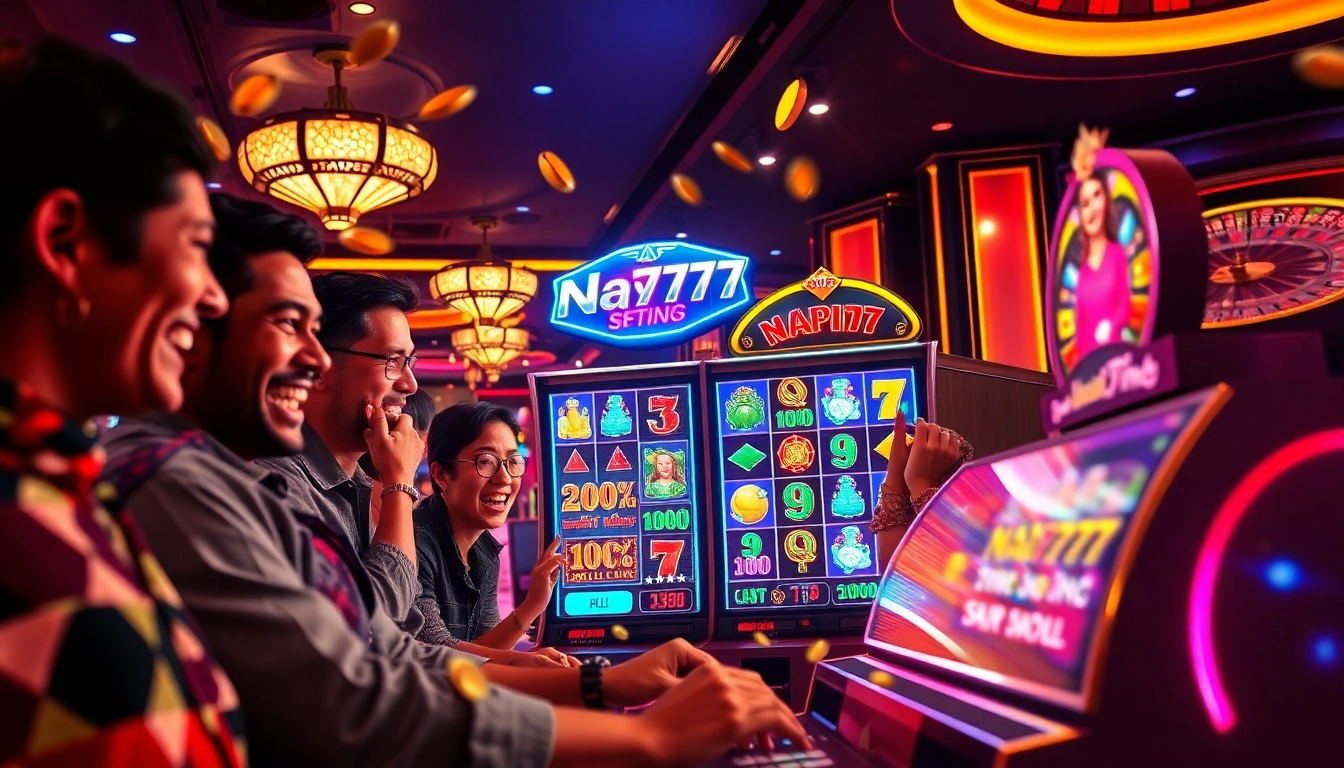 Experience the excitement of the Na777 slot game with vibrant casino visuals and enthusiastic players.