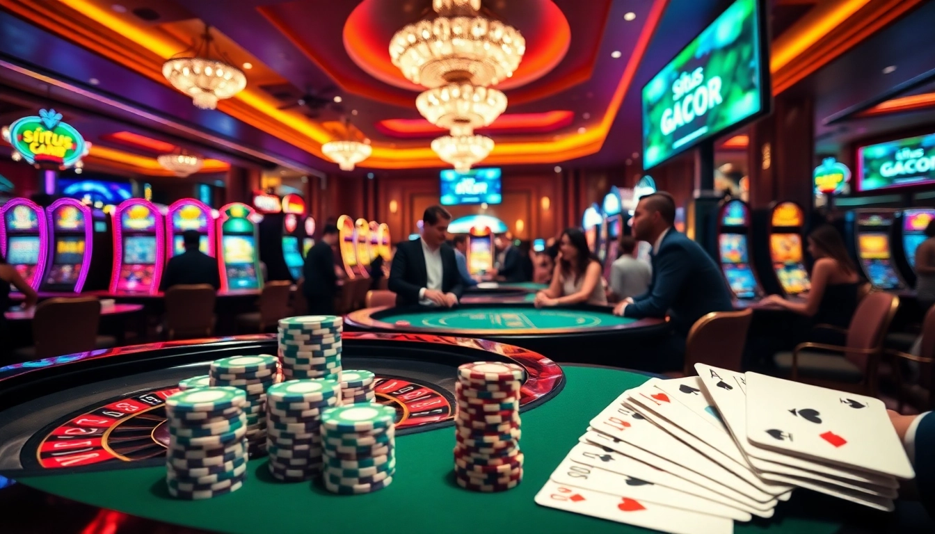 Pemain situs gacor beraksi di meja kasino yang ramai, menampilkan momen mendebarkan dan tangan yang menang.
