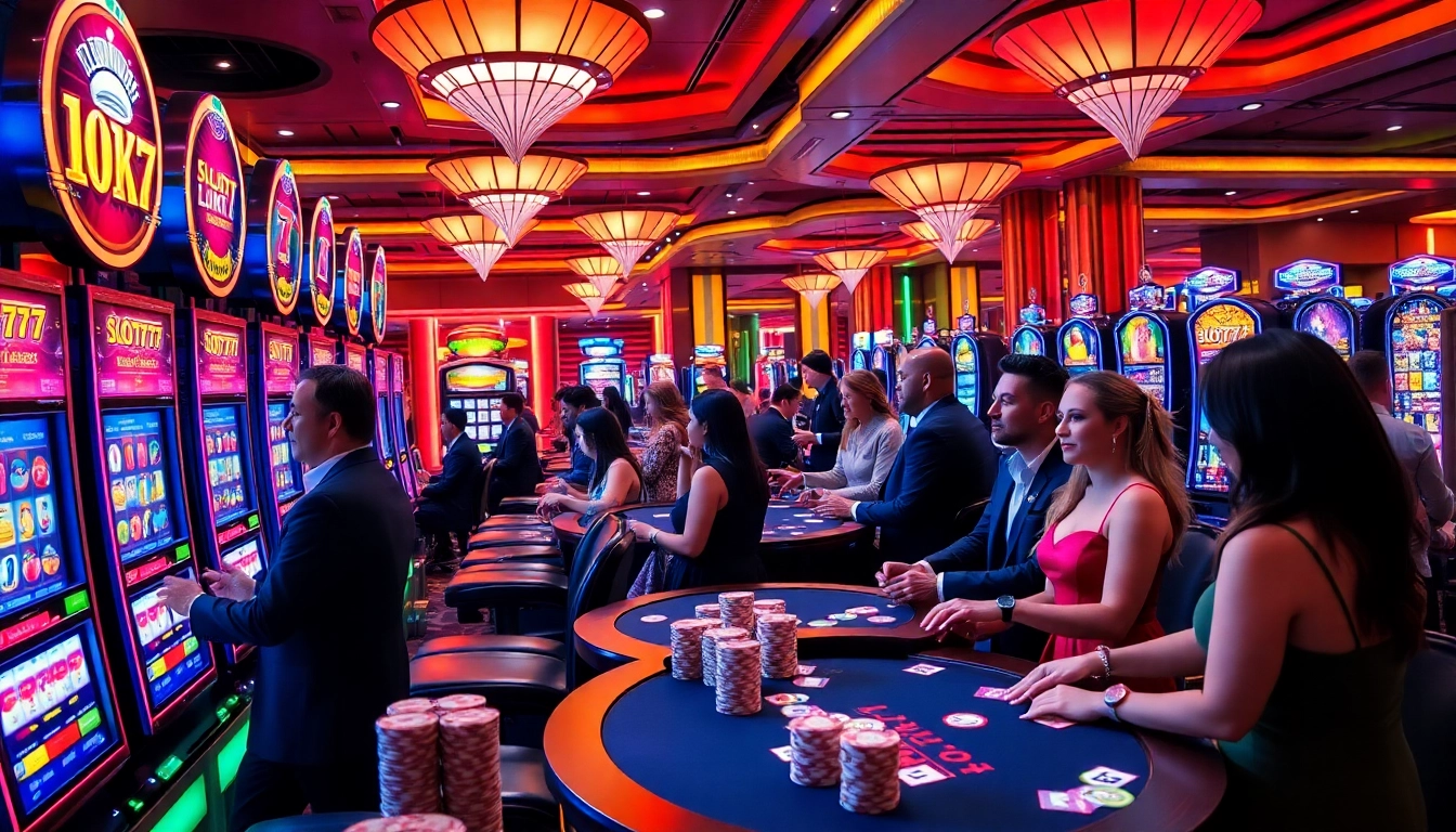 Gamblers enjoying the slot777 login experience at a luxurious casino filled with vibrant slot machines.