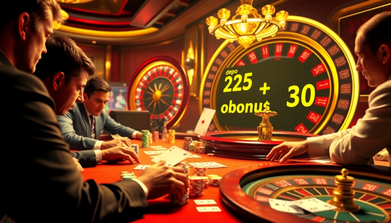 Experience thrilling gameplay at the casino featuring depo 25 + bonus 30 promotions with poker chips and cards.