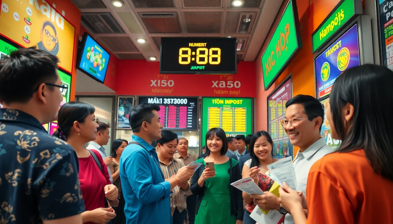 Xổ số hôm nay excitement at a busy lottery ticket office with customers checking winnings.