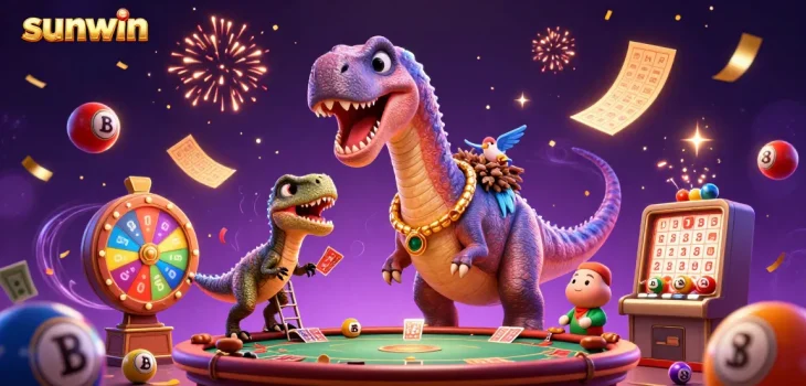 Engage in thrilling gameplay with sunwin as a giant brontosaurus oversees a dynamic casino scene.