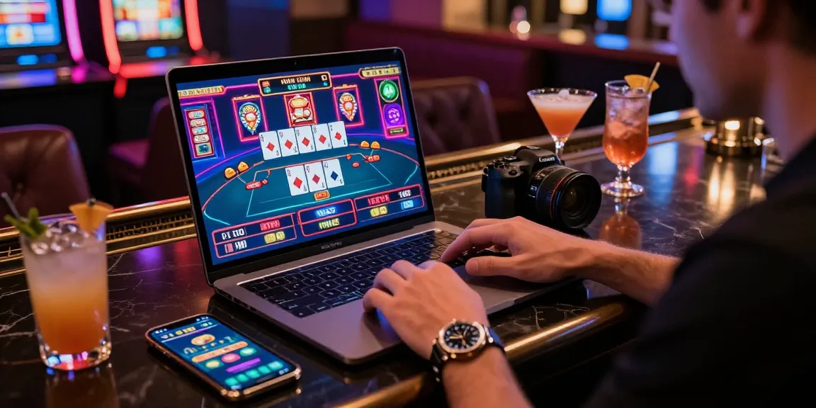 Pengalaman bermain Situs LUXURY12 dalam suasana mewah dan penuh lampu neon di kasino online.