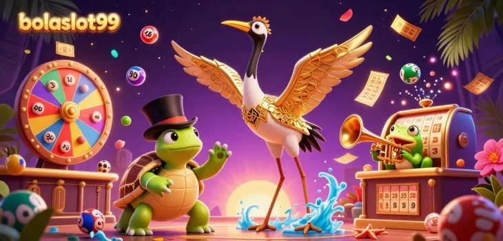 Engage with the vibrant world of bolaslot99, featuring lively characters and colorful lottery elements.