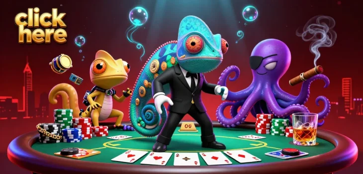 Click here to join the vibrant poker showdown with colorful chips and animated characters.