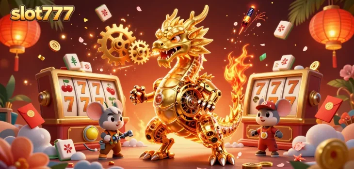 Experience the thrill of slot777 with vibrant slots and a golden dragon in an animated casino scene.