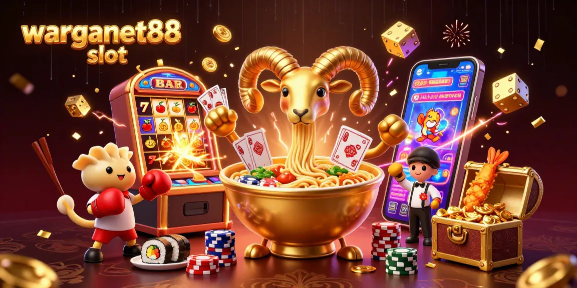 Experience excitement with warganet88 slot as a giant ramen bowl deals cards amidst a vibrant casino scene.