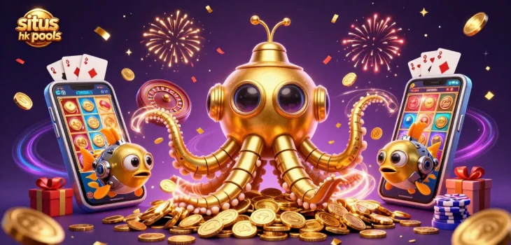 Situasi situs hk pools dengan mesin slot, koin emas, dan suasana meriah permainan.