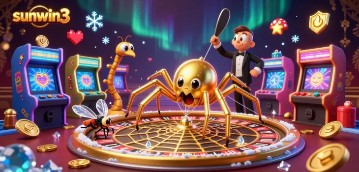 Experience thrilling bets at sunwin3 with a golden spider spinning a roulette web in a dazzling casino.