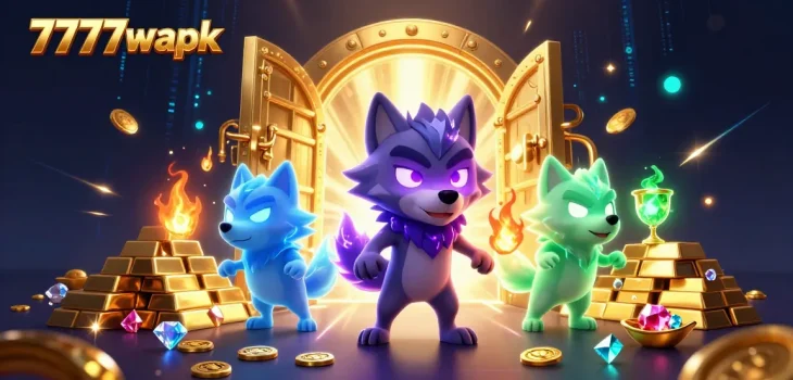 Experience thrilling gameplay with the 7777w apk, showcasing a mystical wolf character amidst treasures.