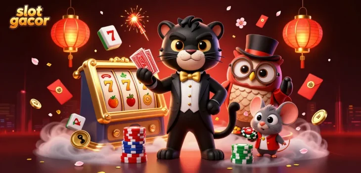 Engage with slot gacor strategies in a vibrant 3D casino scene with a panther, owl, and mouse.