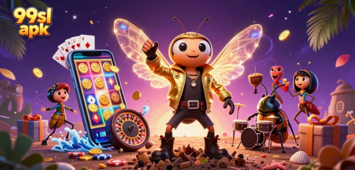 Experience the excitement of 99sl apk with vivid 3D characters celebrating gaming wins.
