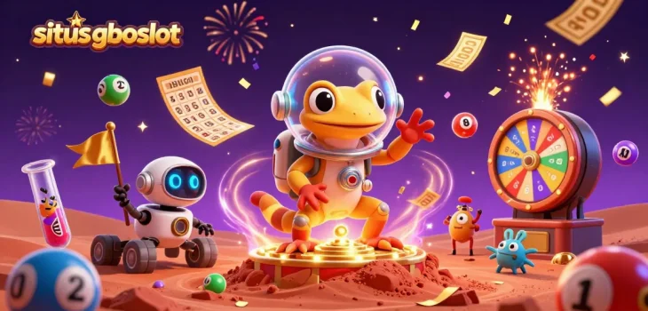 Situs gboslot menghadirkan ilustrasi 3D kartun detail tinggi di kasino emas dengan gecko Mars dan robot rover.