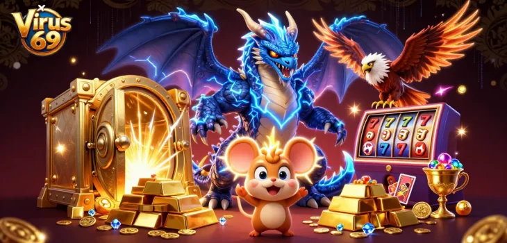 Engage with thrilling games at Virus 69, featuring dragons, treasure, and vibrant casino elements!
