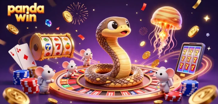 Panda win illustration with cartoon characters at a cosmic casino featuring slot reels and festive elements.