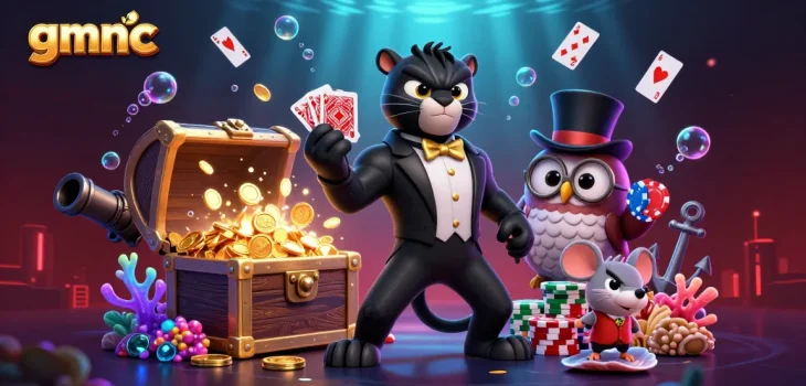 gmnc features a black panther dealing cards with an owl and mouse in a vibrant casino scene
