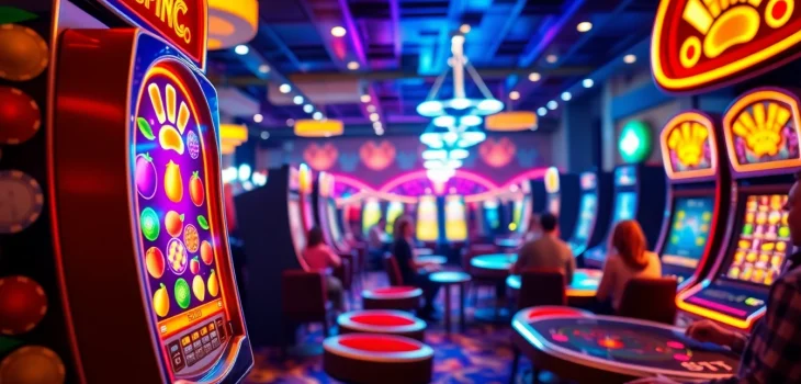 Menang besar di mesin slot oja89 dengan pemain aktif dalam suasana kasino yang ceria.