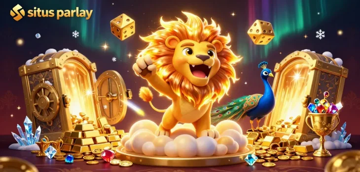 Bet on situs parlay with the roaring lion and dazzling treasures in an enchanting casino scene.