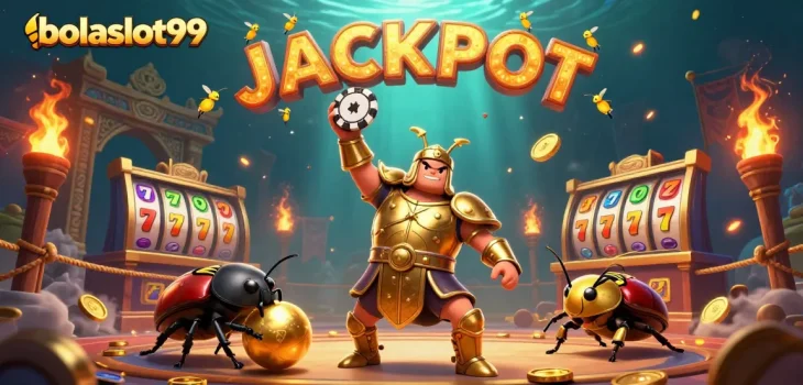 Bolaslot99 showcases a victorious hercules beetle lifting a chip in a vibrant 3D gambling scene.